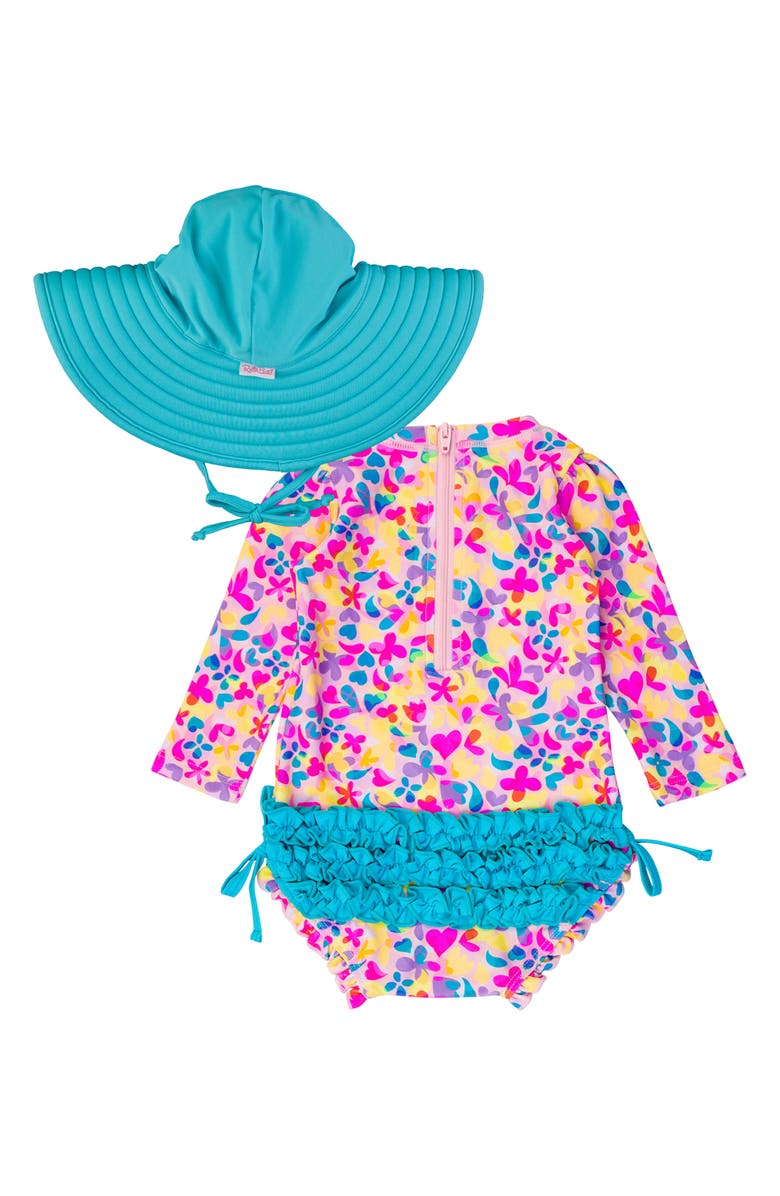 RuffleButts Vibrant Neon One-Piece Rashguard Swimsuit & Hat Set, Alternate, color, 