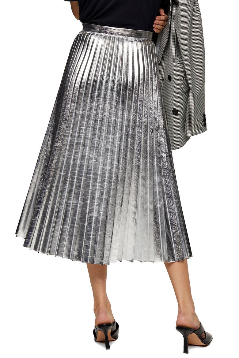 Metallic Pleated Midi Skirt, Alternate, color, SILVER