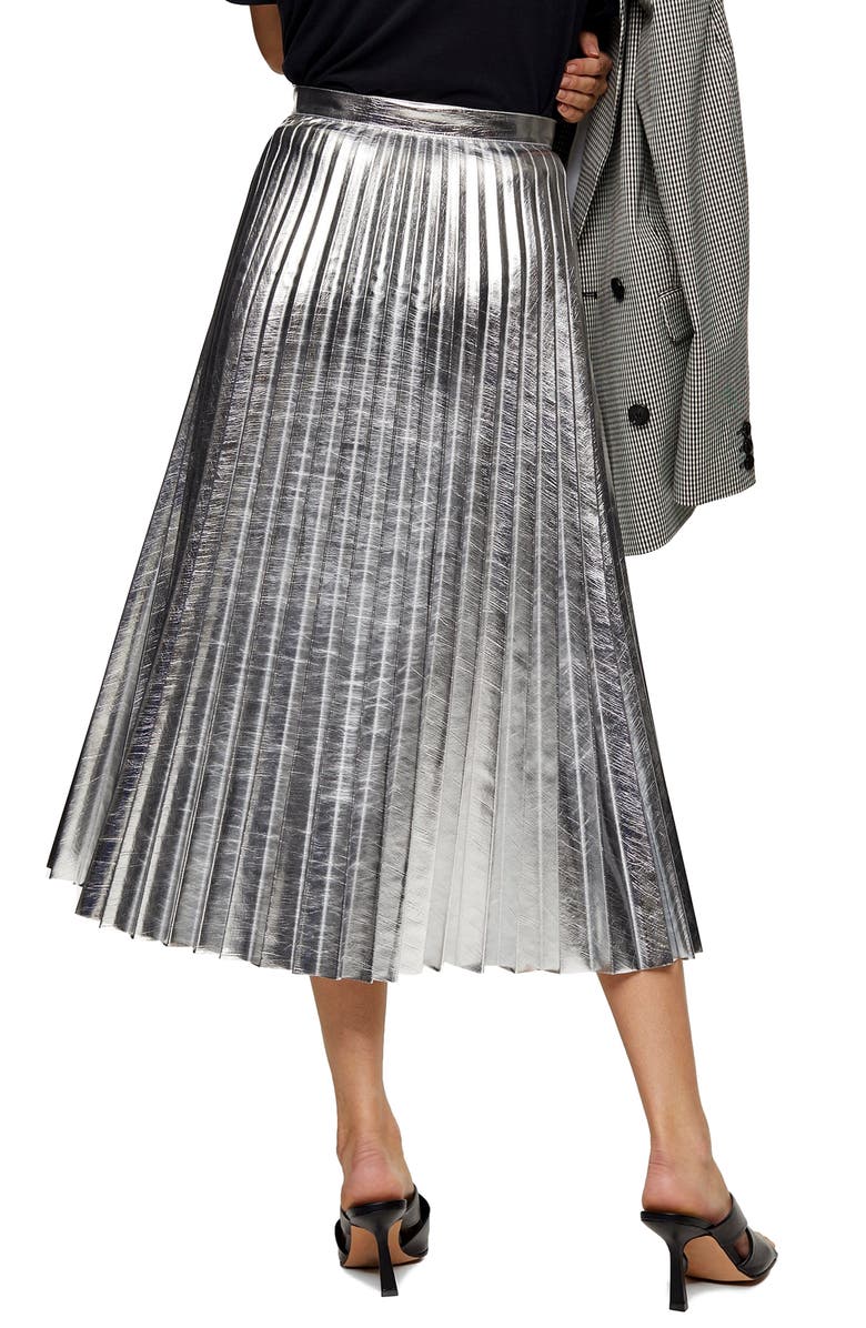Topshop Metallic Pleated Midi Skirt, Alternate, color, 