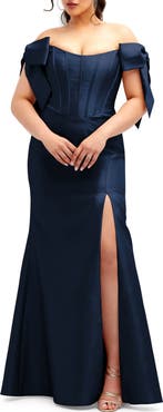 Alfred Sung Off the Shoulder Bow Corset Satin Trumpet Gown