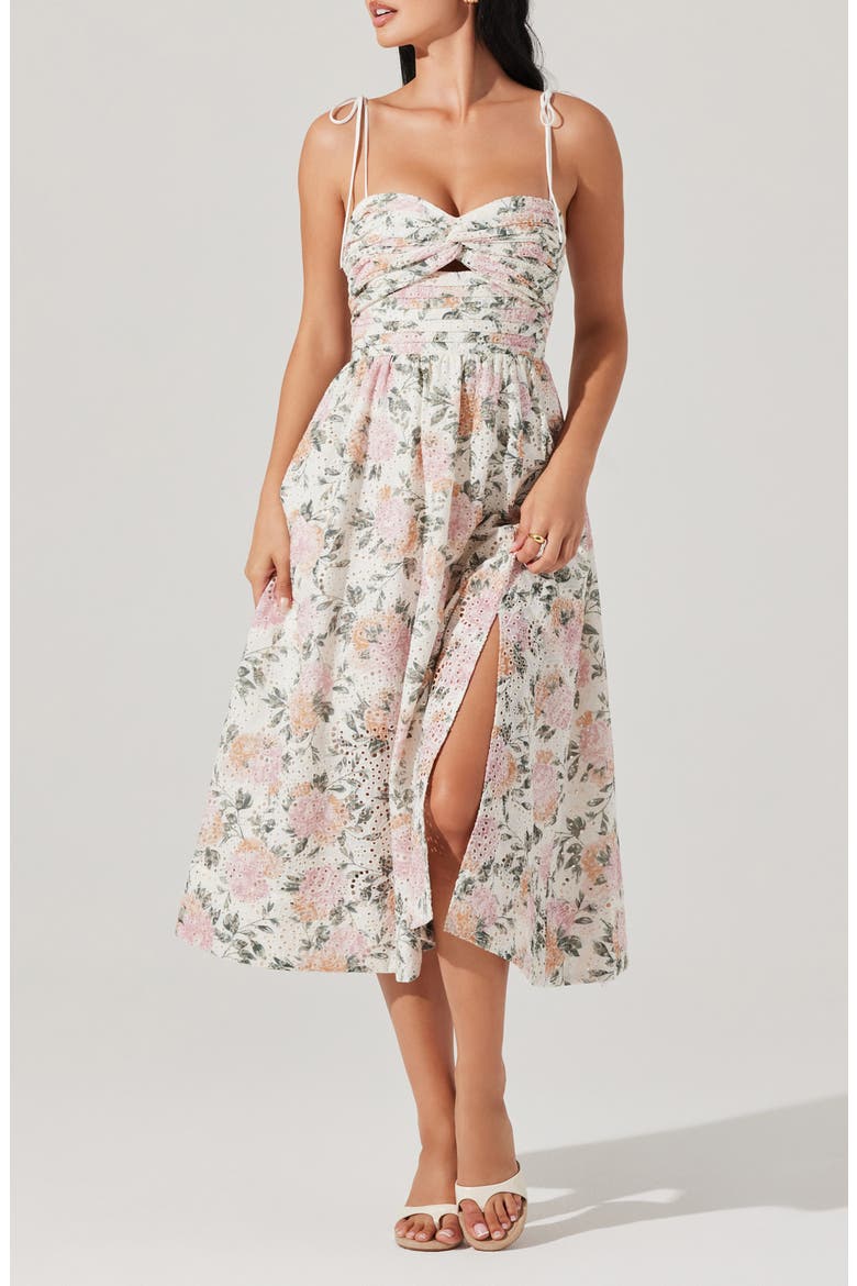 Sariah Eyelet Embroidery Floral Print A-Line Dress, Main, color, DUSTY PINK FLORAL