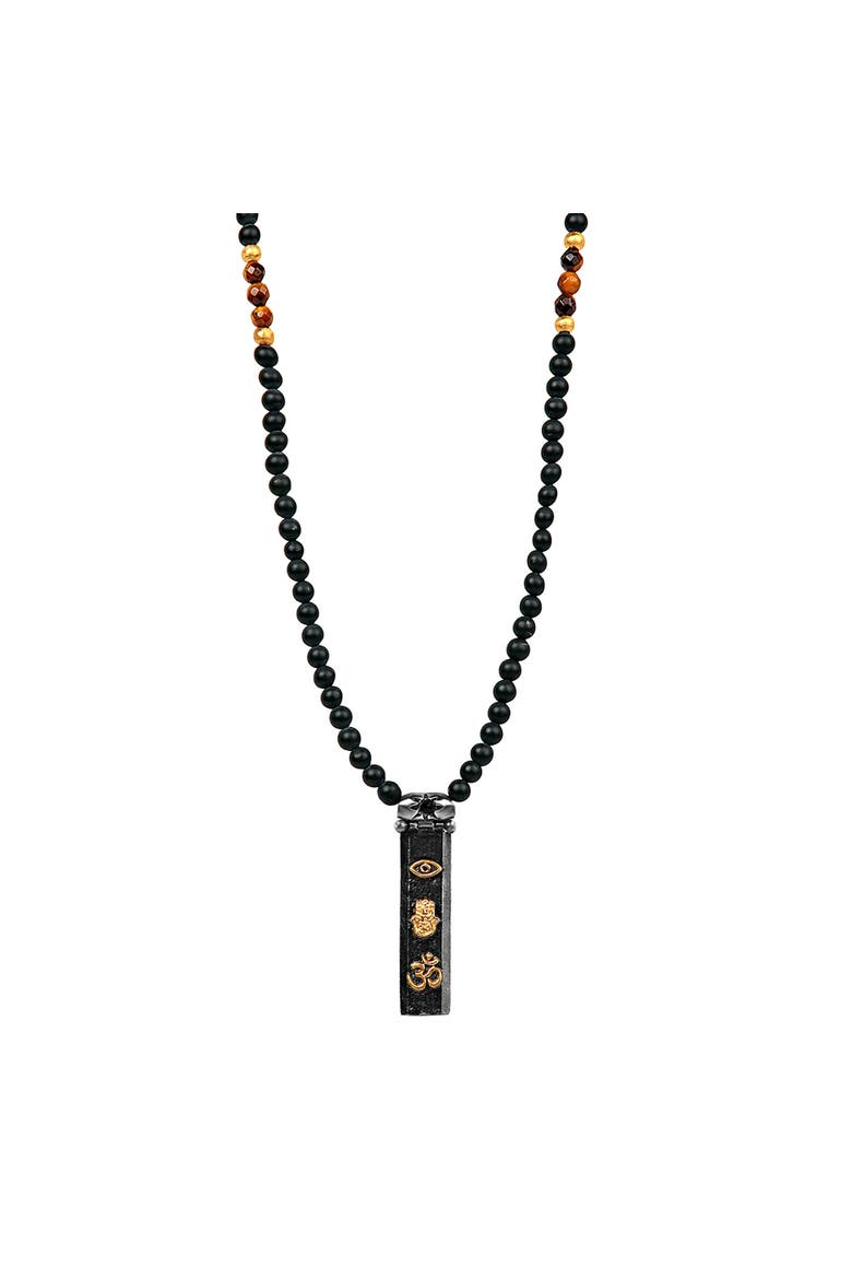 Men's Onyx Tiger’s Eye Triple Protection Beaded Necklace Divine Energy, Main, color, Black
