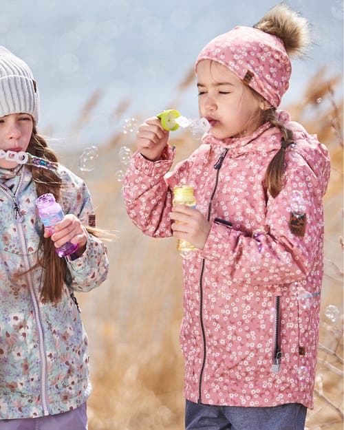 Deux Par Deux Girl's Printed Jersey Detachable Pompom Hat Small White Flowers On Pale Pink In White Flowers On Pale Pink