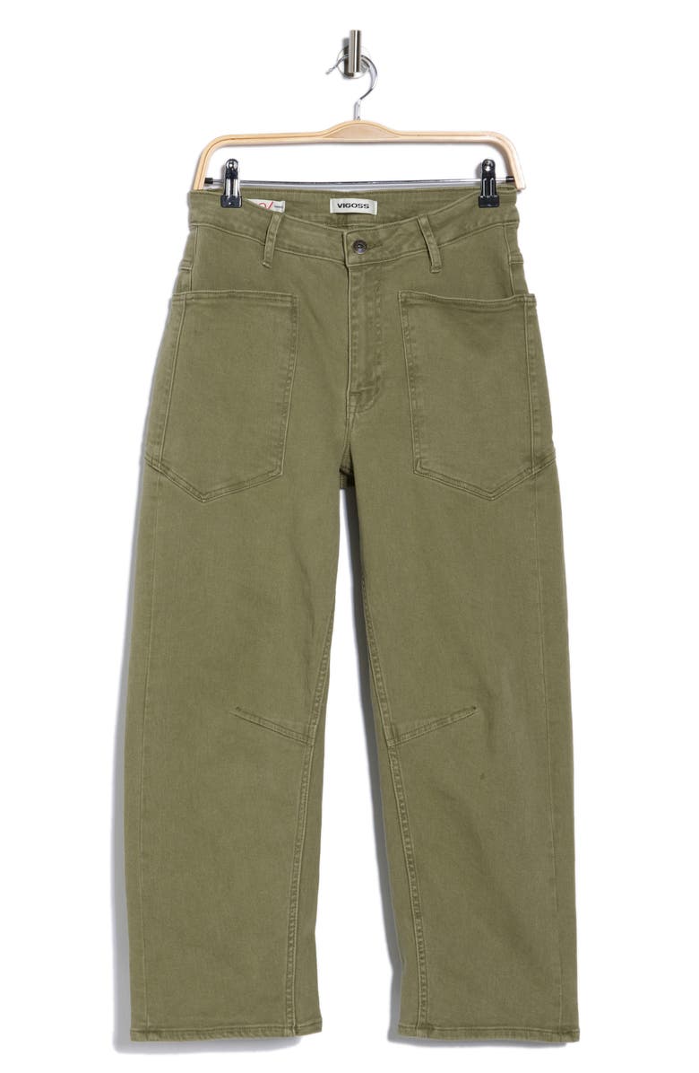 Vigoss Horseshoe High Waist Crop Barrel Jeans, Alternate, color, Olive