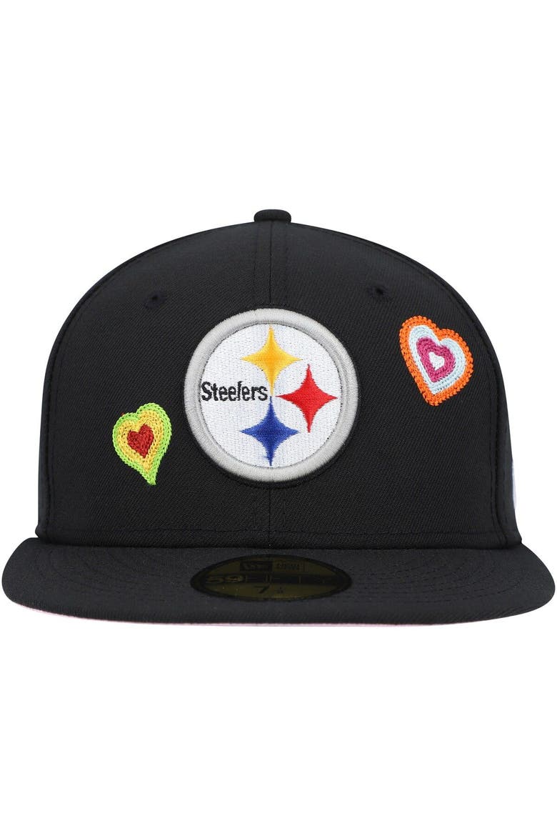 Men's New Era Black Pittsburgh Steelers Chain Stitch Heart 59FIFTY Fitted Hat, Alternate, color, Black