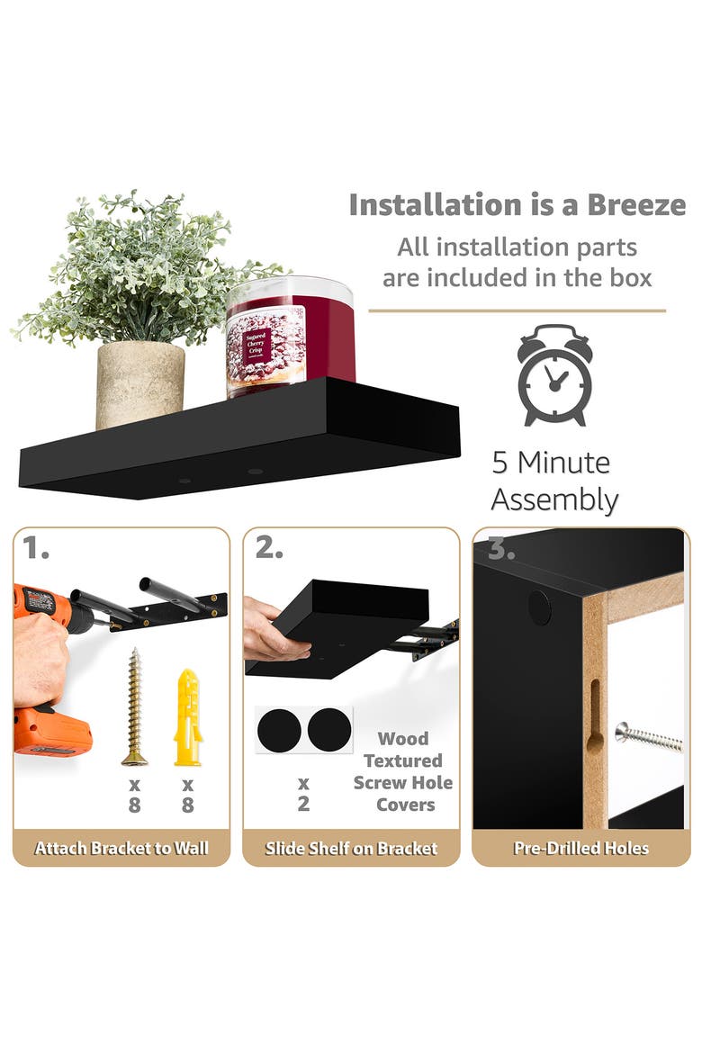 Set of 3 Floating Shelves, Alternate, color, BLACK