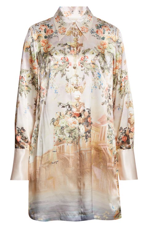 Twilight in Istanbul Long Sleeve Silk Satin Shirtdress