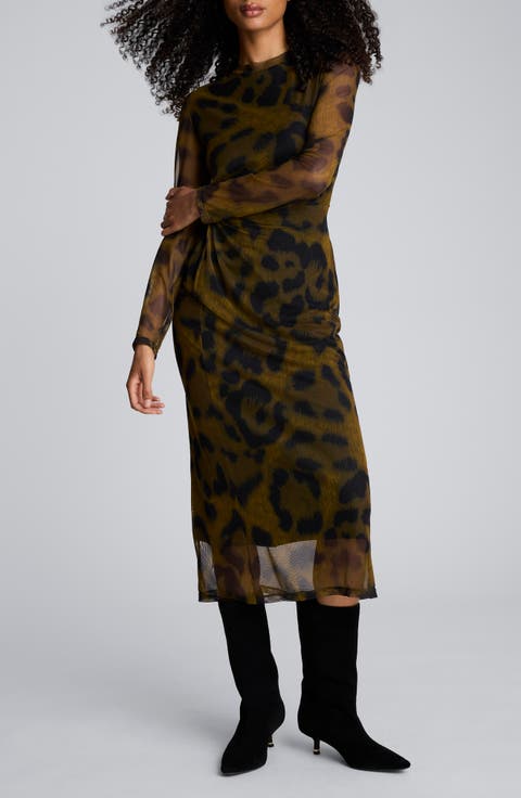 Print Knot Long Sleeve Mesh Midi Dress