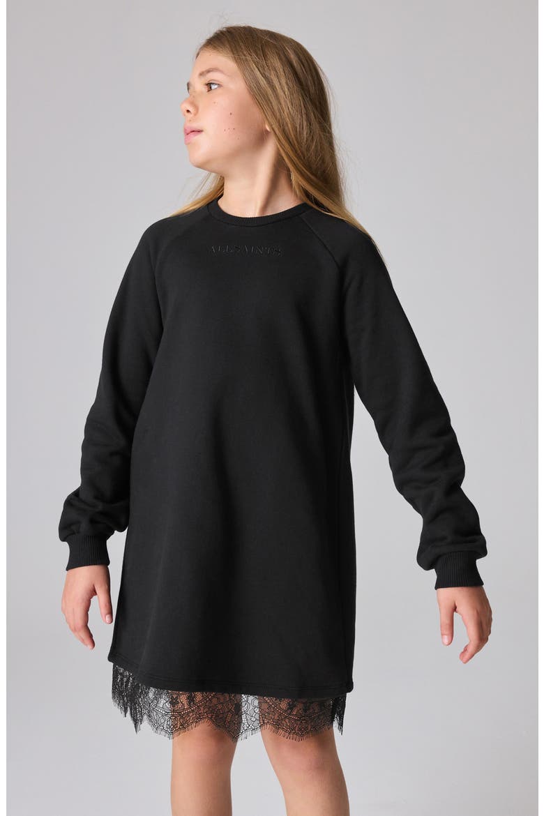 Lace Trim Sweatshirt Dress, Alternate, color, BLACK