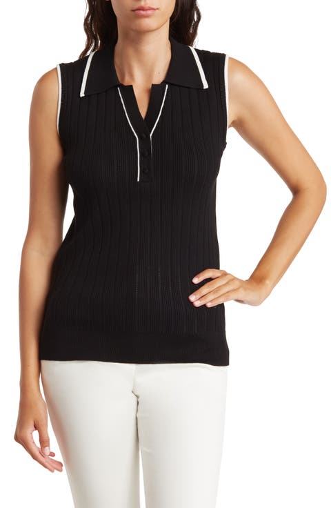 Tipped Sleeveless Polo Sweater