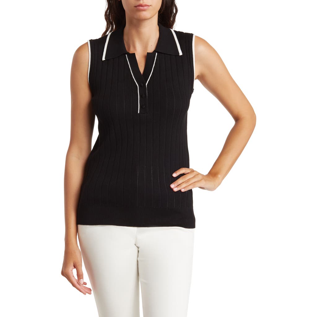 Adrianna Papell Tipped Sleeveless Polo Sweater In Black