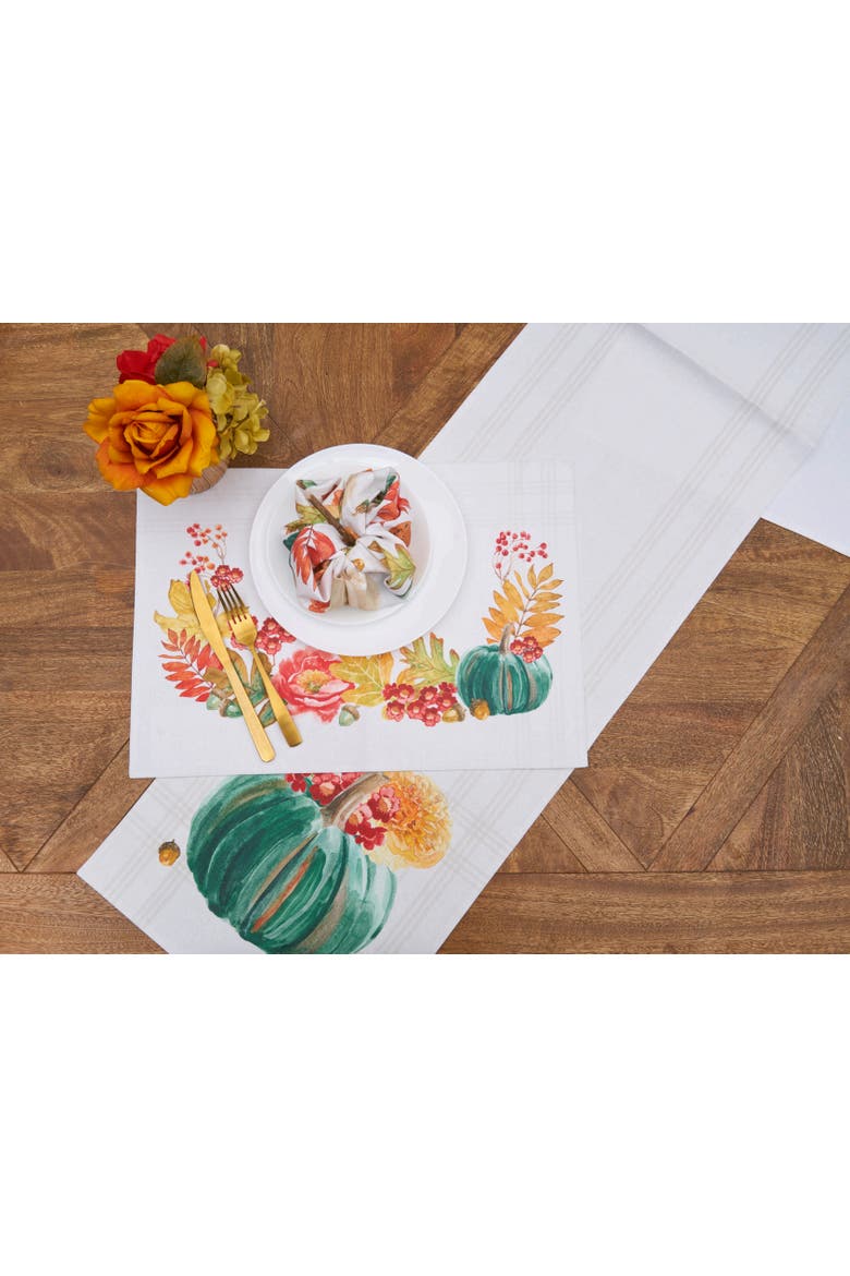 Harvest Teal Pumpkin Flower Leaves Cloth Placemats Set of 6 Autumn, 14" x 20", Alternate, color, Beige