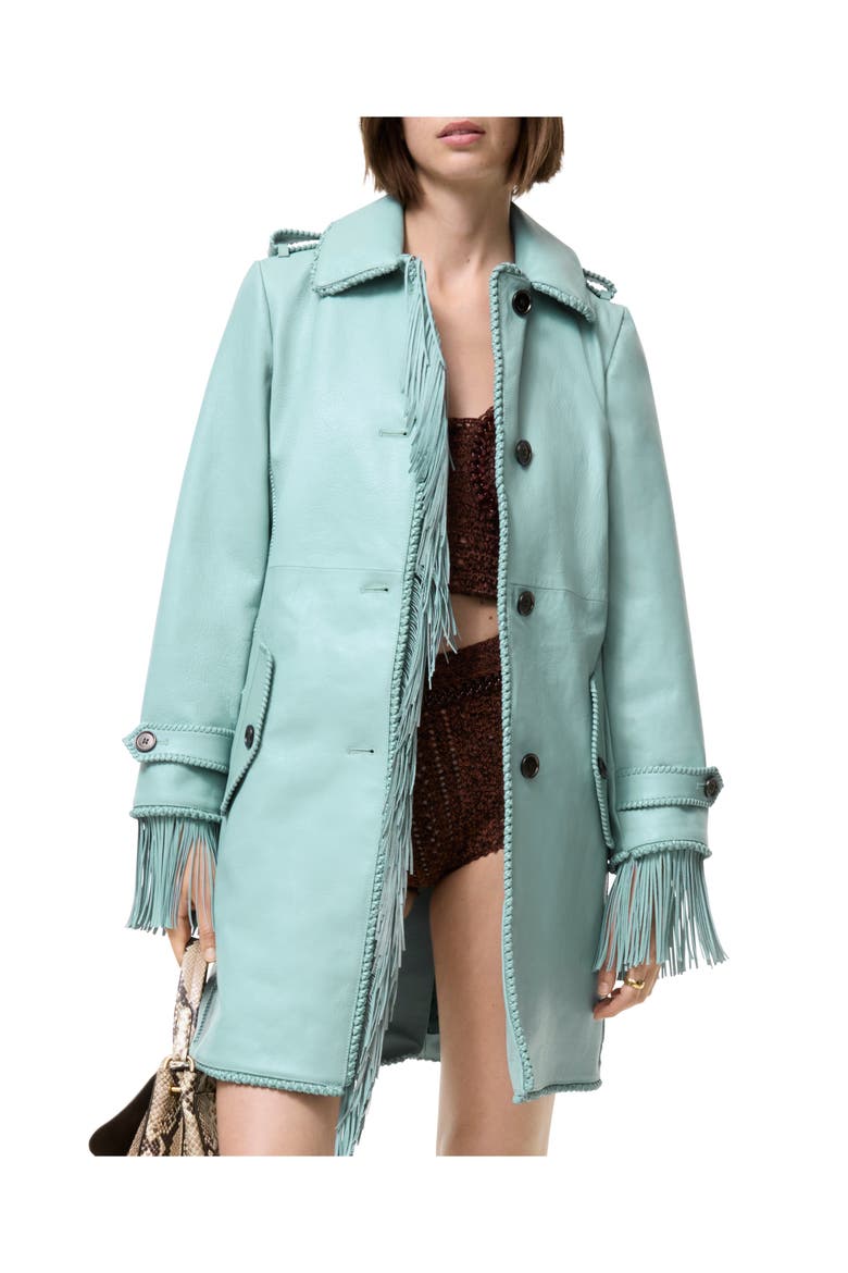 Short Fringed Leather Car Coat, Main, color, Turquoise