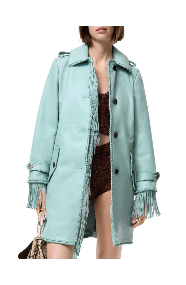 Burberry Short Fringed Leather Car Coat, Main, color, Turquoise