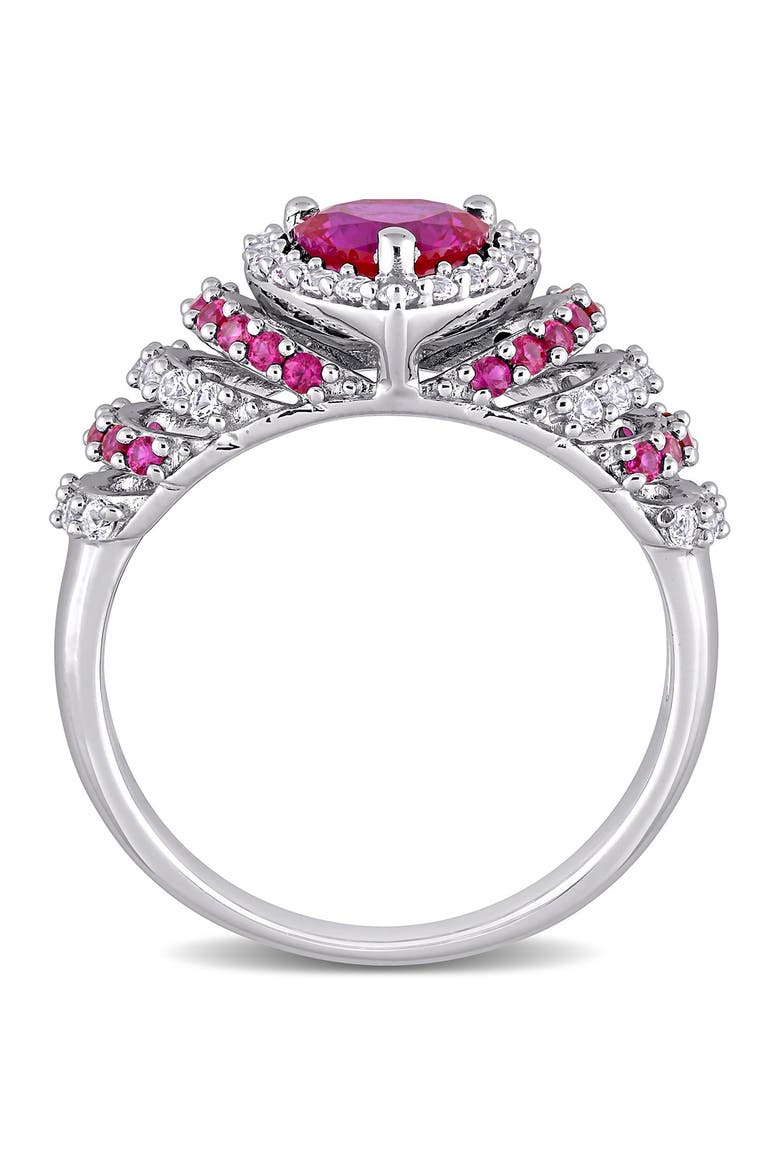 Rhodium Plated Heart Shape Created Ruby & Created White Sapphire Ring & Pearl Earrings Set, Alternate, color, RED