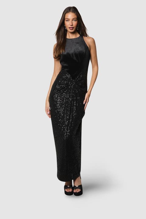 Velvet Halter Sequin Maxi Dress