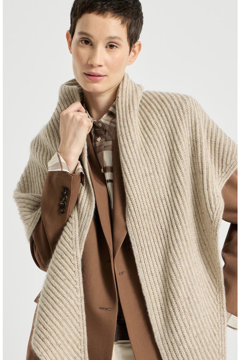Sparkling cashmere, wool and mohair rib knit shawl, Alternate, color, Ecru