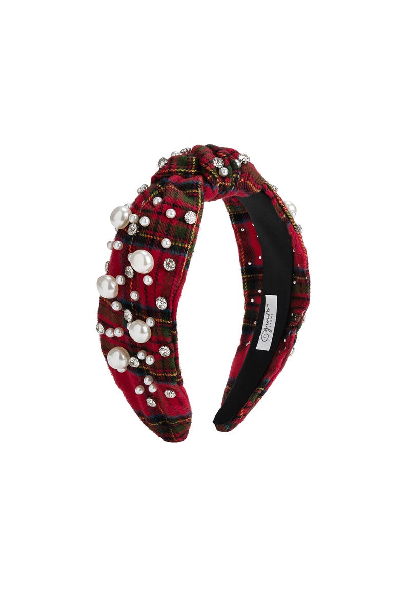 Christmas Tartan Pearl Headband, Main, color, Red