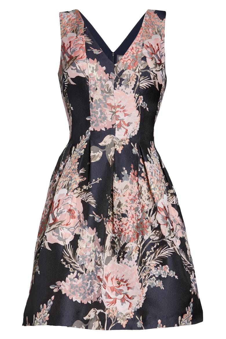 Floral Jacquard Fit & Flare Dress, Alternate, color, NAVY/ MULTI