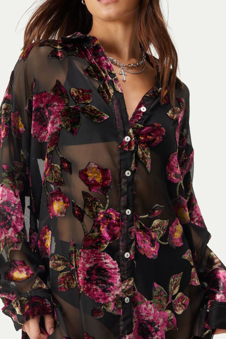 Devore Oversized Sheer Floral Shirt, Alternate, color, Black