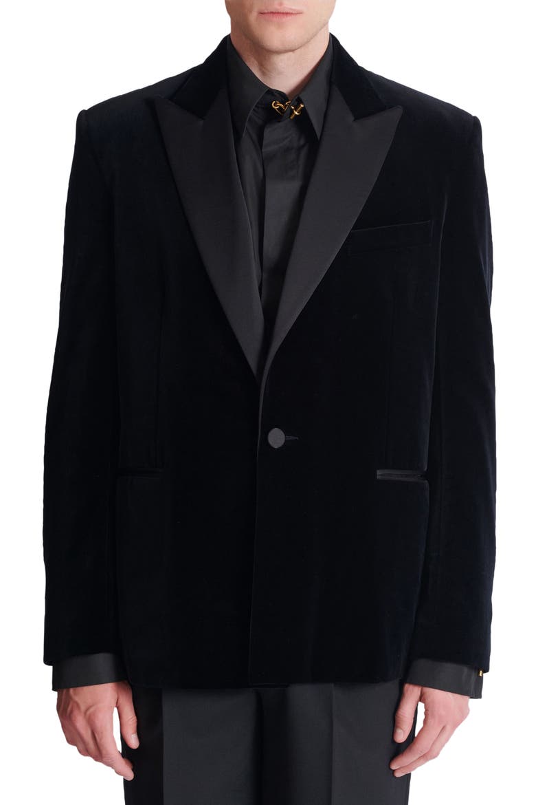Velvet and satin 1-button blazer, Alternate, color, black
