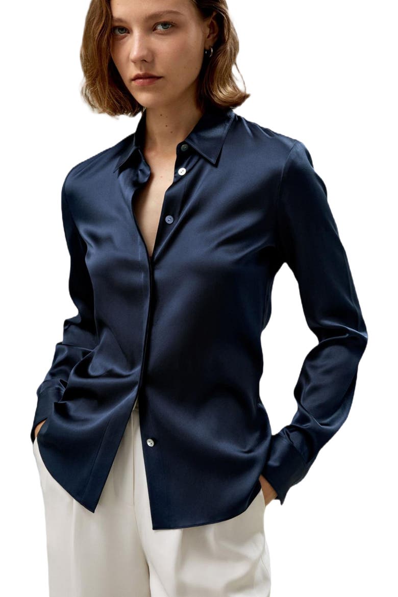 Women's Elegant Silhouette Slim Fit Silk Shirt, Alternate, color, Navy Blue