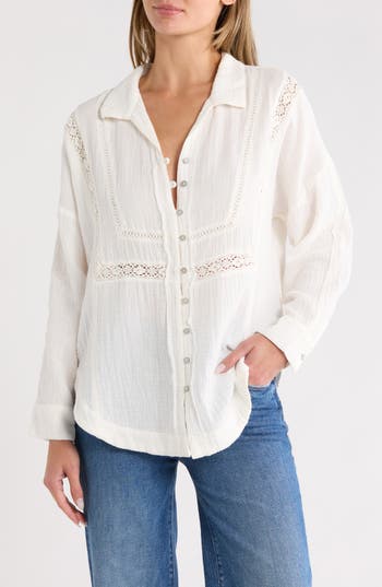 Lucky Brand Lace Inset Cotton Gauze Button-up Shirt In White