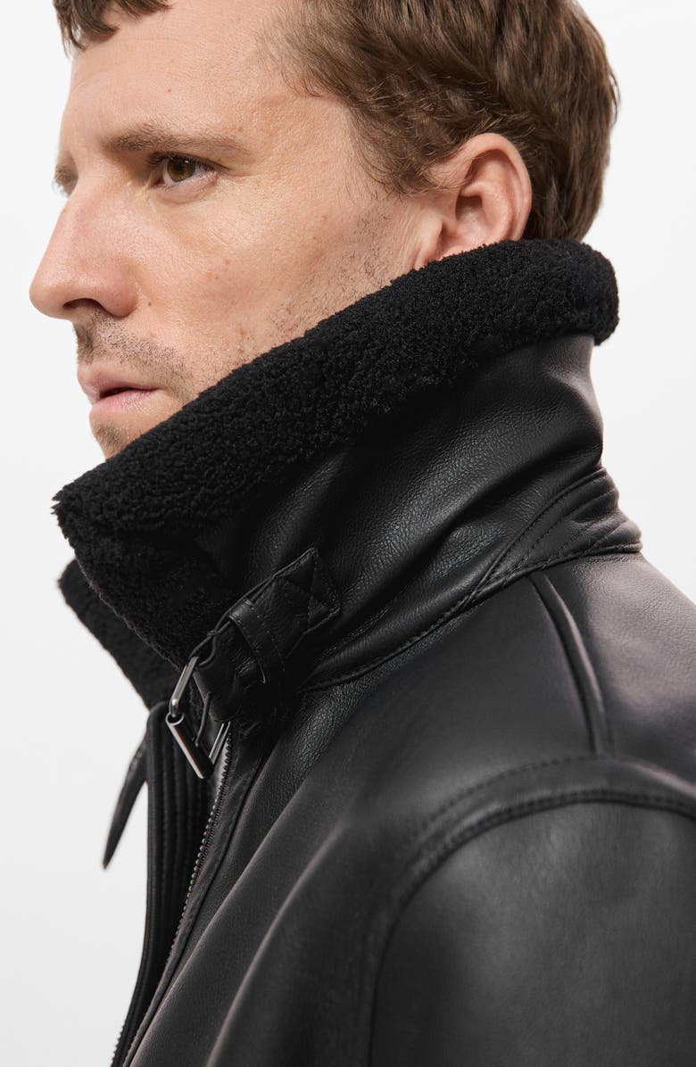 MANGO Fleece Lined Faux Leather Bomber Jacket, Alternate, color, Black