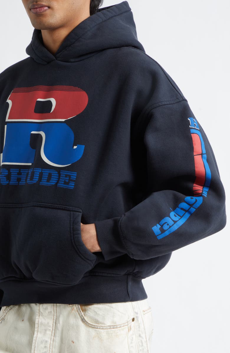 Rhude Split Petrol Logo Graphic Hoodie, Alternate, color, Vintage Black/ Red/ Blue