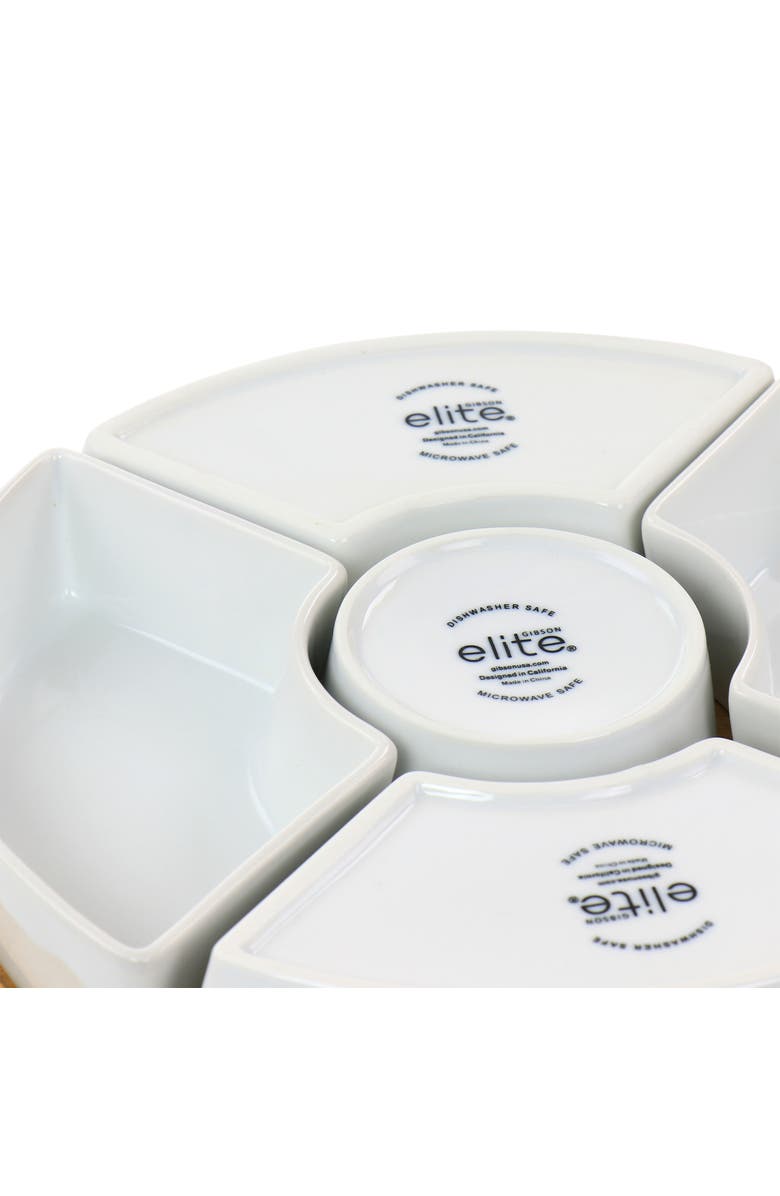 Gibson Elite Gracious Dining 6 Piece Tidbit Dish Set with Rotating Wood Base, Alternate, color, White