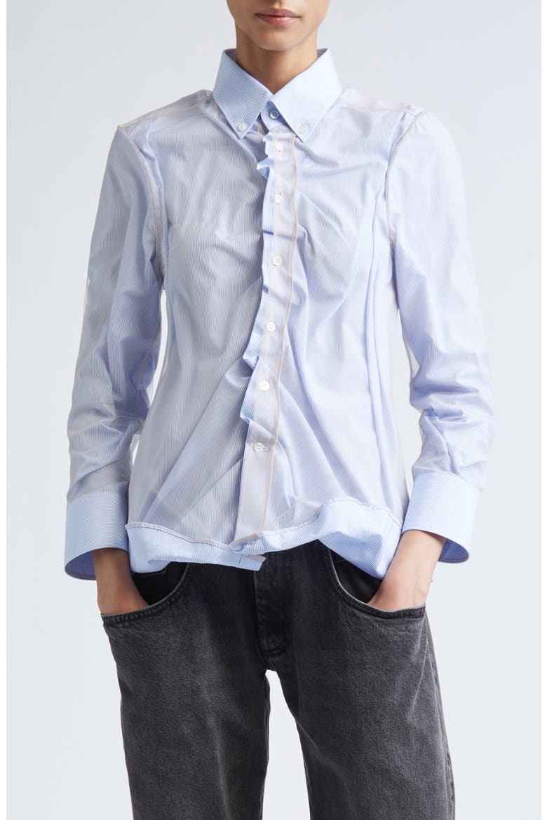 Stripe Ruffle Long Sleeve Cotton Button-Down Shirt, Main, color, LIGHT BLUE STRIPE