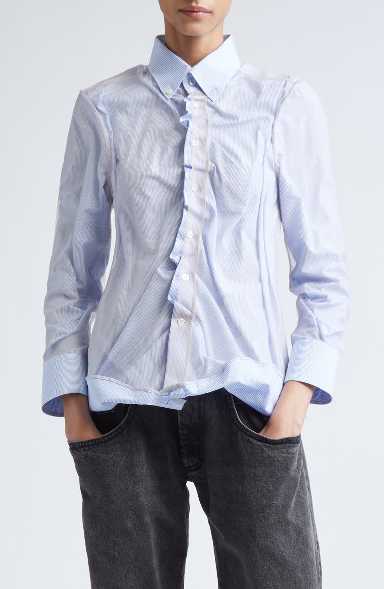 Maison Margiela Stripe Ruffle Long Sleeve Cotton Button-Down Shirt, Main, color, Light Blue Stripe