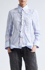 Maison Margiela Stripe Ruffle Long Sleeve Cotton Button-Down Shirt