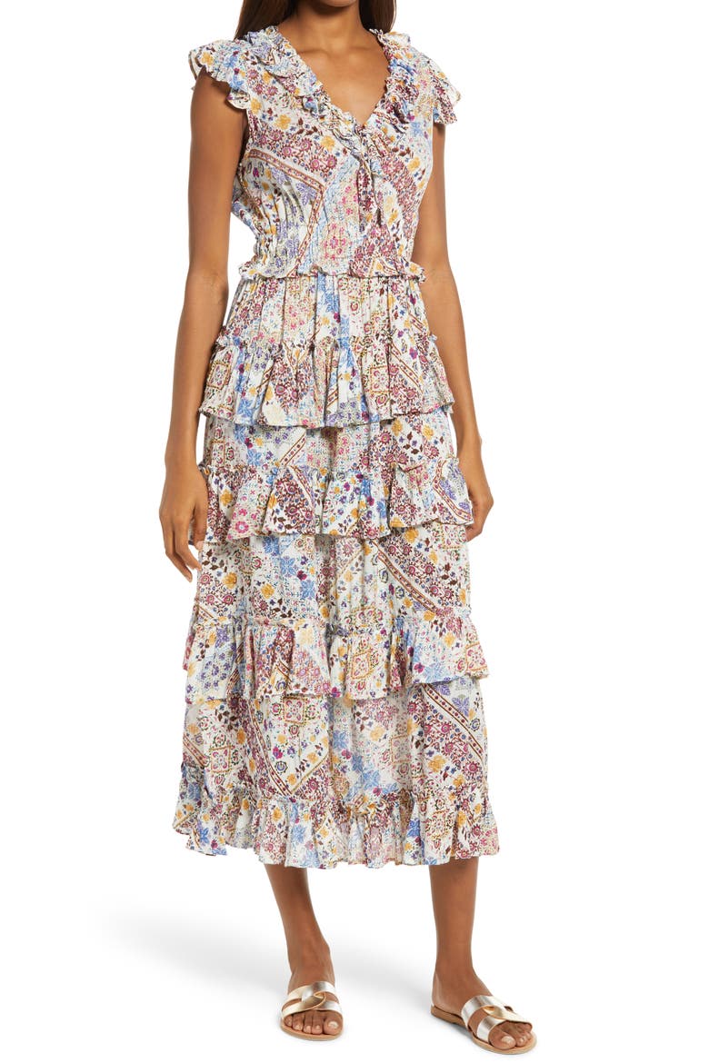 Romina Ruffle Midi Dress, Main, color, MULTI