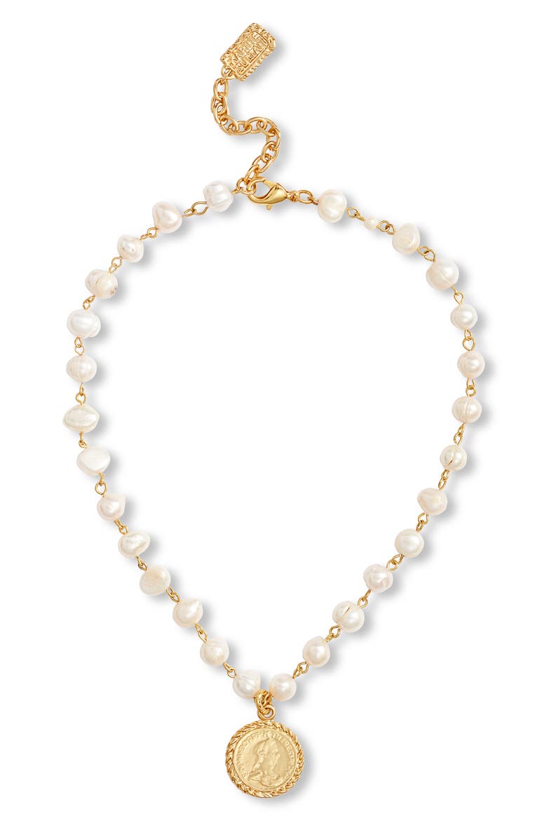 Freshwater Pearl Station Medallion Necklace, Main, color, GOLD