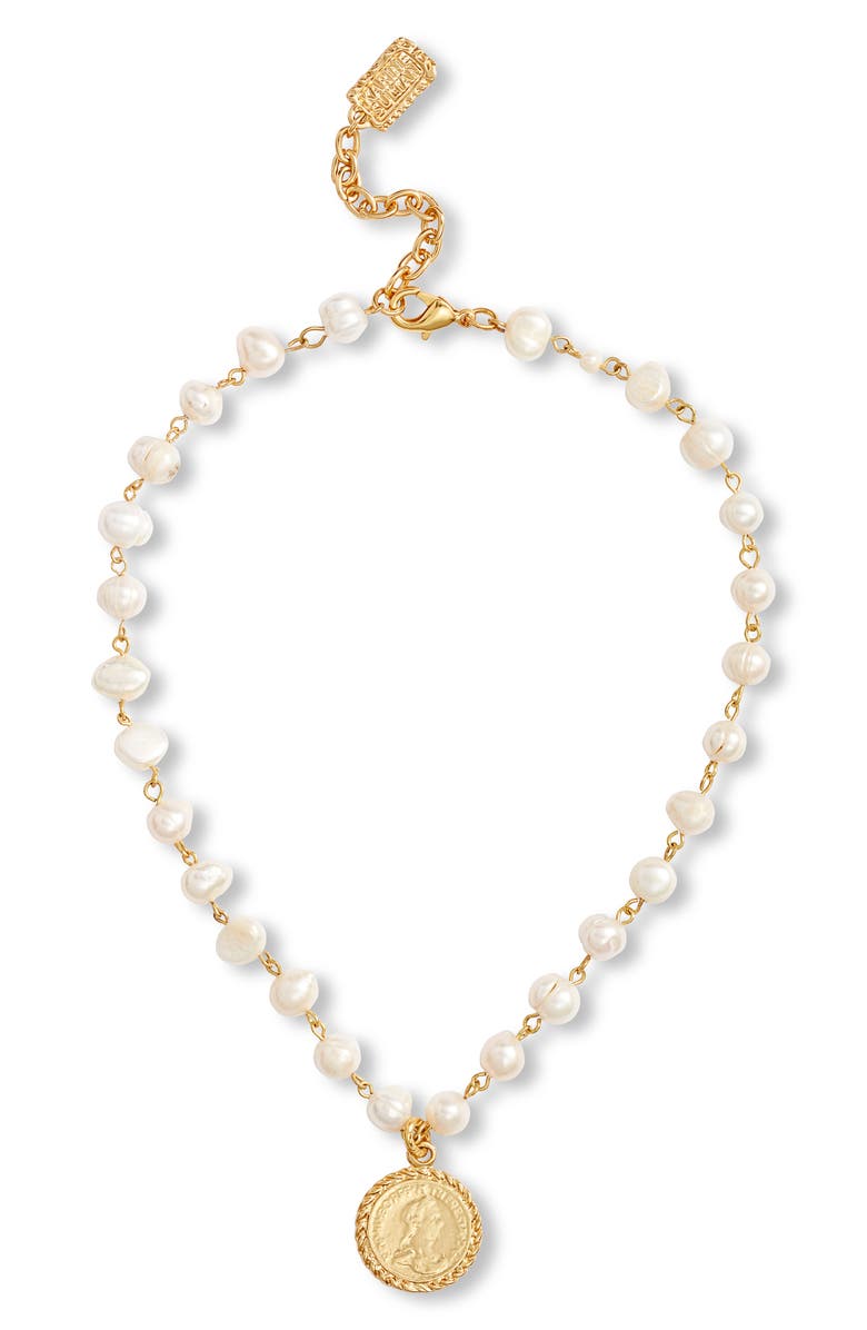 Karine Sultan Freshwater Pearl Station Medallion Necklace, Main, color, Gold
