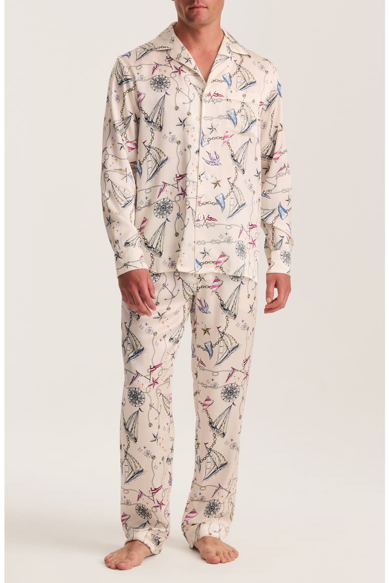 Regatta Print Mulberry Silk Pajamas, Main, color, BEIGE