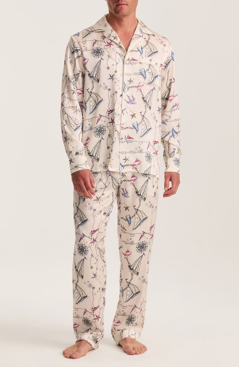 Petite Plume Regatta Print Mulberry Silk Pajamas, Main, color, Beige