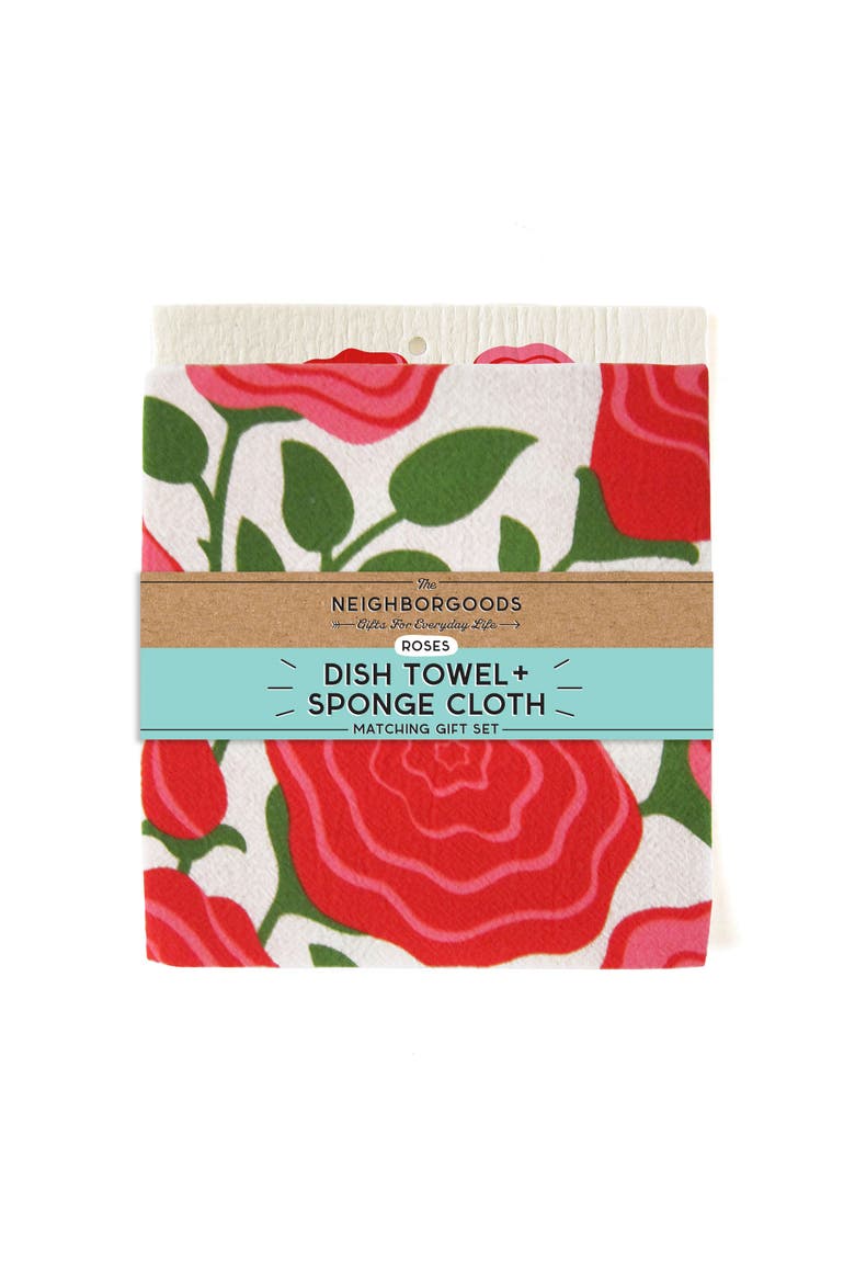 Roses Dish Towel + Sponge Cloth Gift Set, Alternate, color, Red