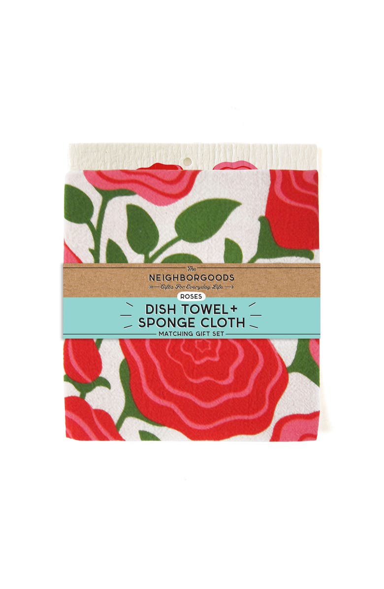 The Neighborgoods Roses Dish Towel + Sponge Cloth Gift Set, Alternate, color, Red