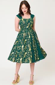 Unique Vintage Square Neck Sleeveless Godet Swing Dress