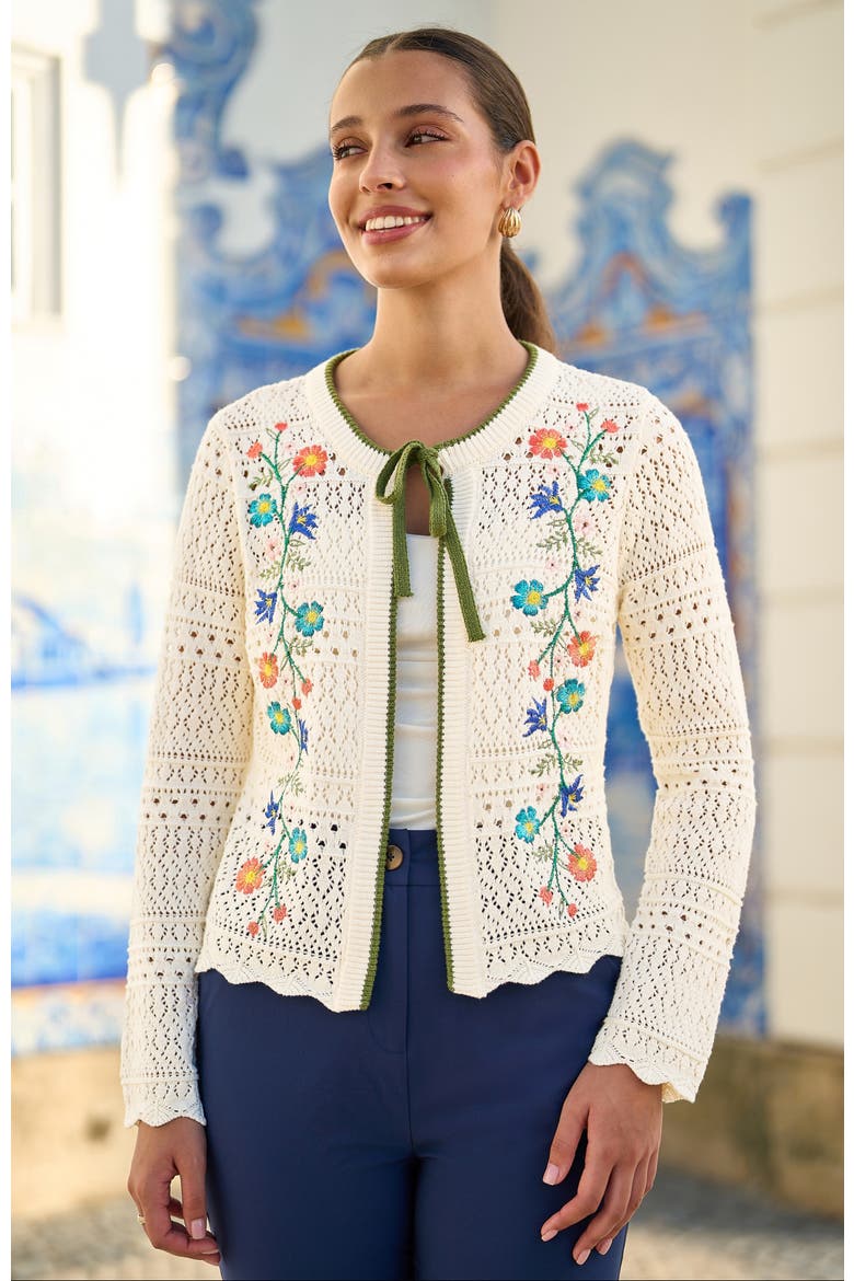 Crochet Knitted Tie Front Cardigan, Alternate, color, Ivory