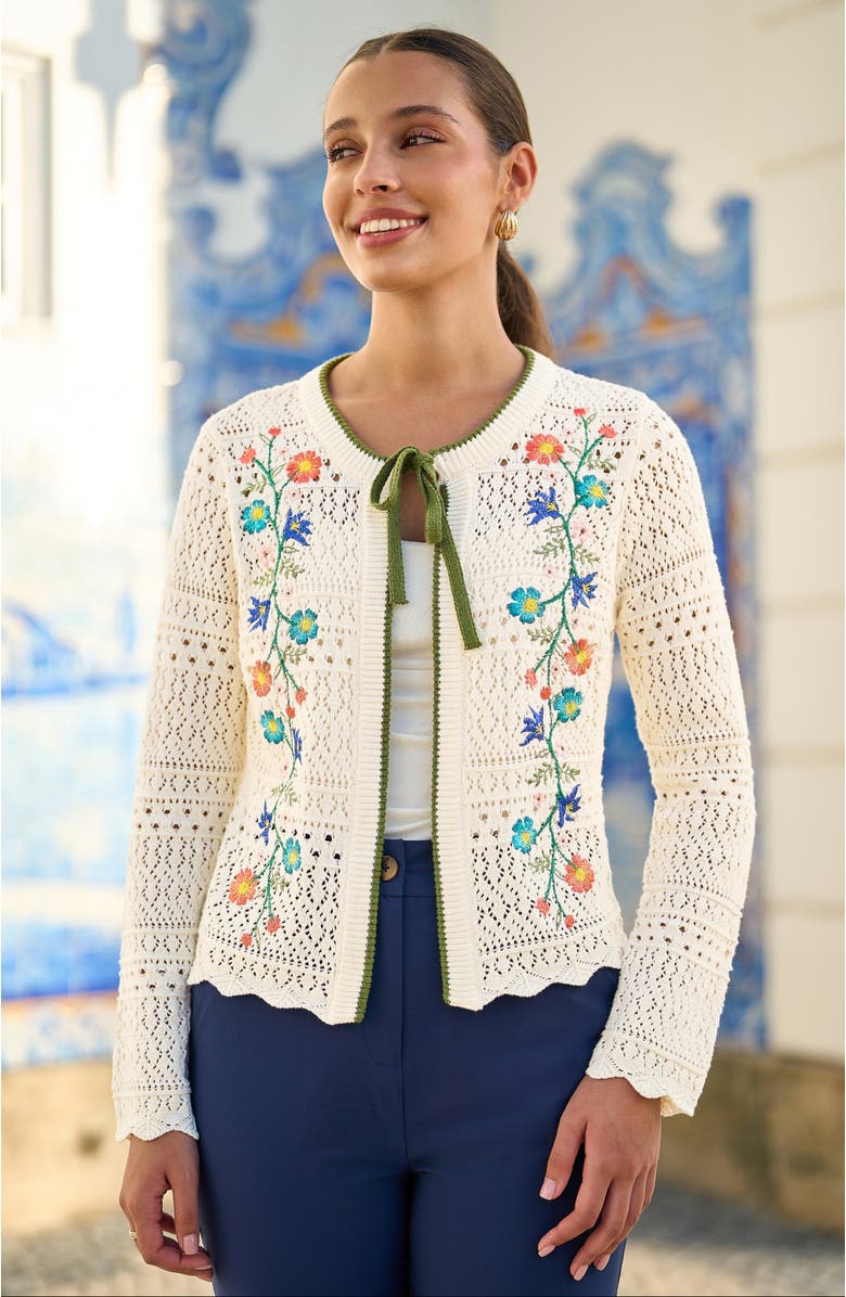 Yumi Crochet Knitted Tie Front Cardigan, Alternate, color, Ivory