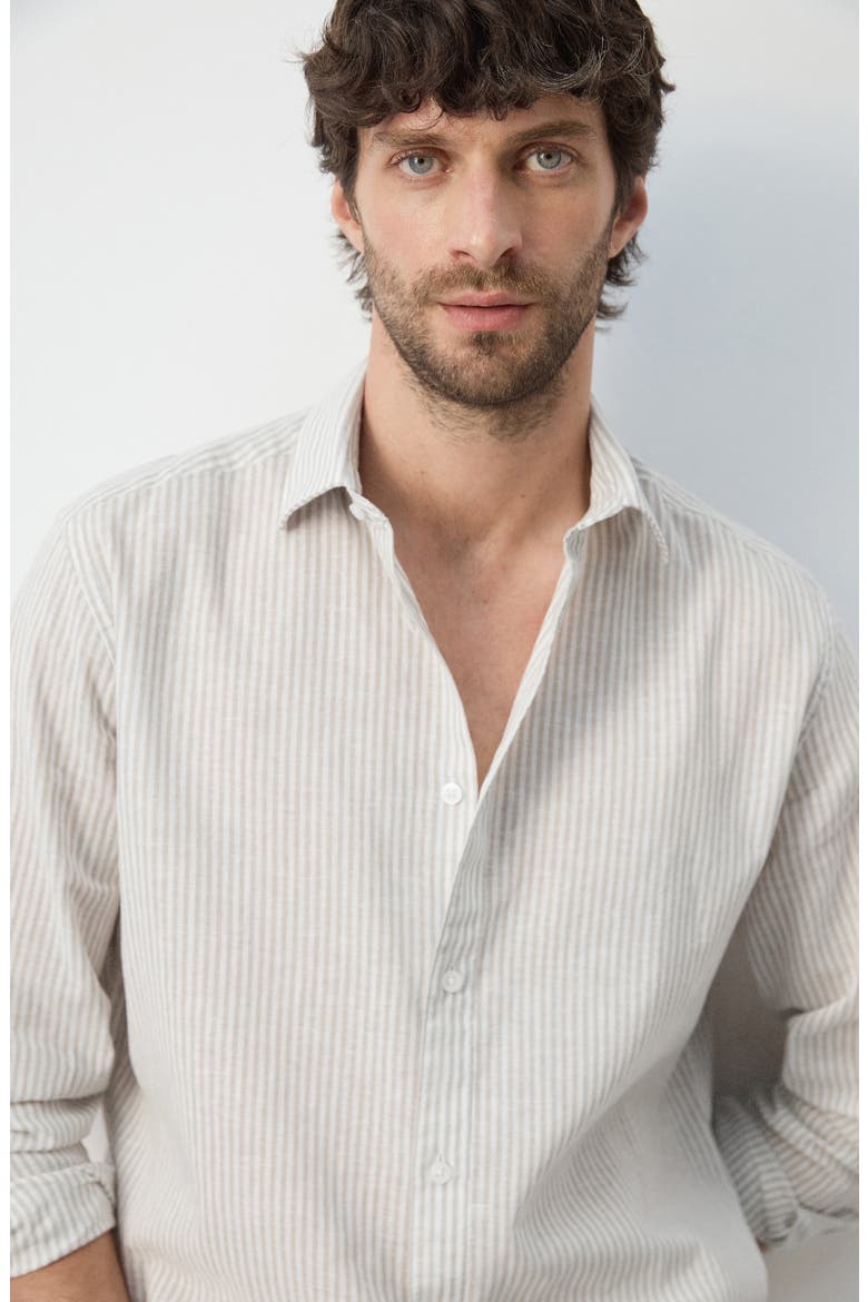 Regular Fit Stripe Cotton & Linen Button-Up Shirt, Alternate, color, SAND