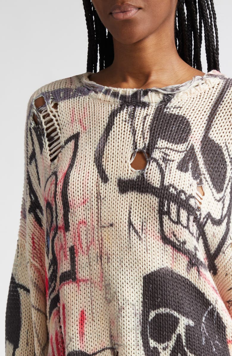 R13 Distressed Oversize Skull Graffiti Print Sweater, Alternate, color, 
