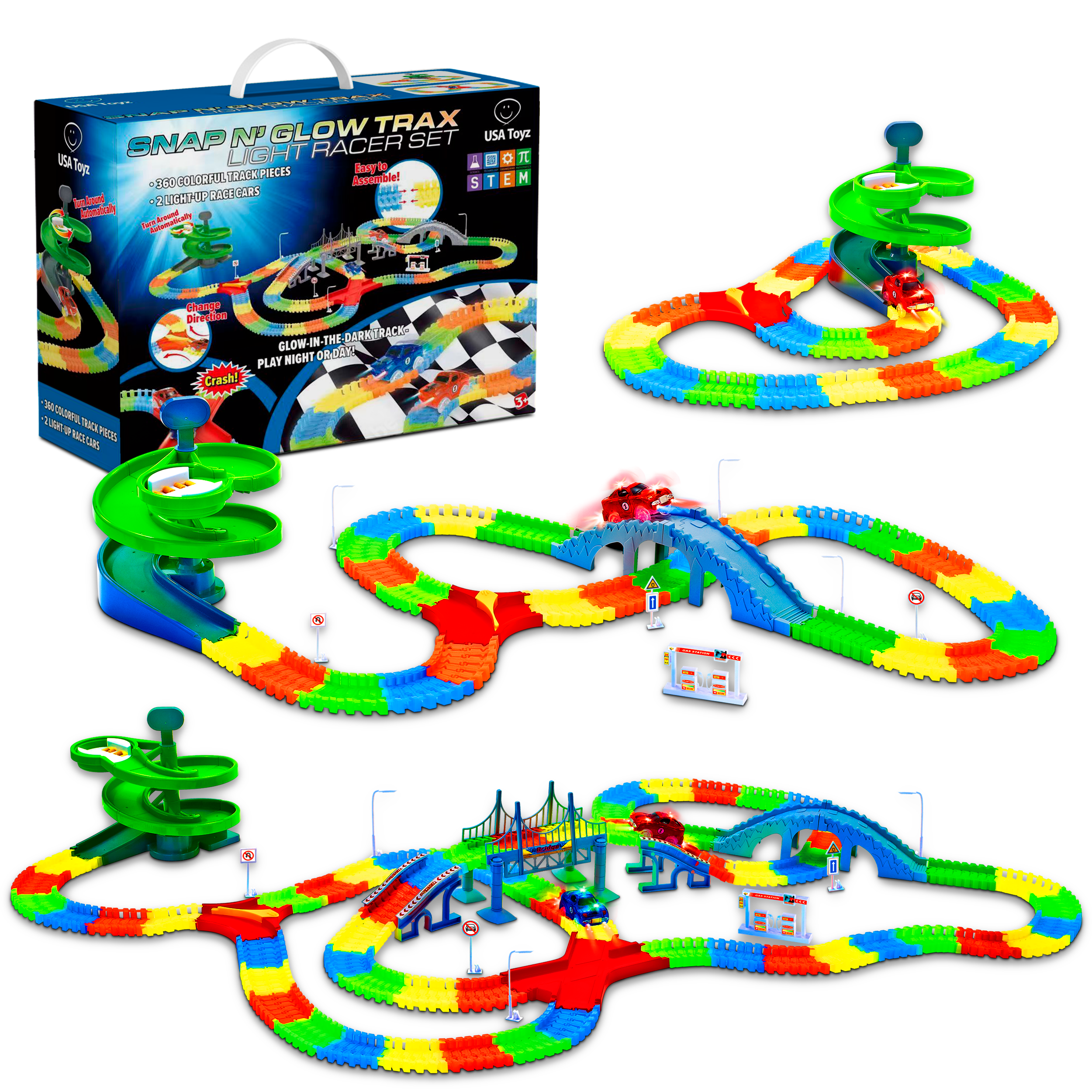 USA Toyz Large Glow Trax Race Tracks for Kids- 380pc in Multi Color 