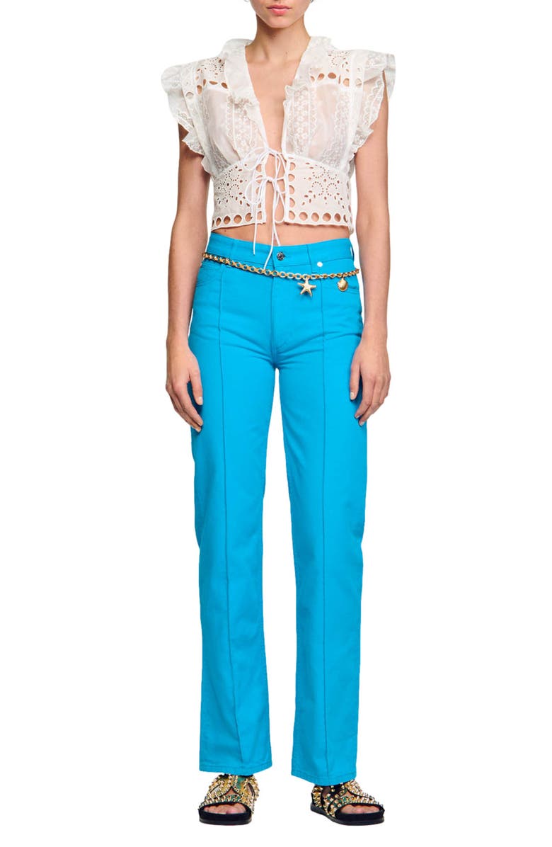 SANDRO Sahar Lace & Eyelet Basque Tie Front Crop Top, Alternate, color,