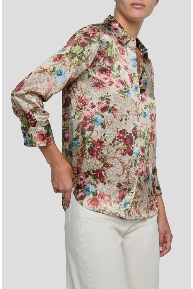 Dani Floral Tapestry Print Three-Quarter Sleeve Silk Button-Up Shirt, Alternate, color, MULTI FLORAL TAPESTRY