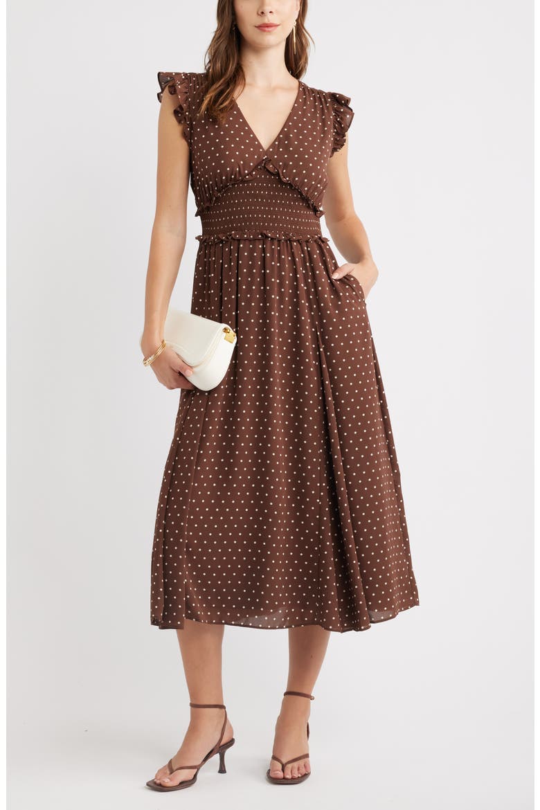 Smocked Chiffon Midi Dress, Alternate, color, BROWN- IVORY KATE DOT