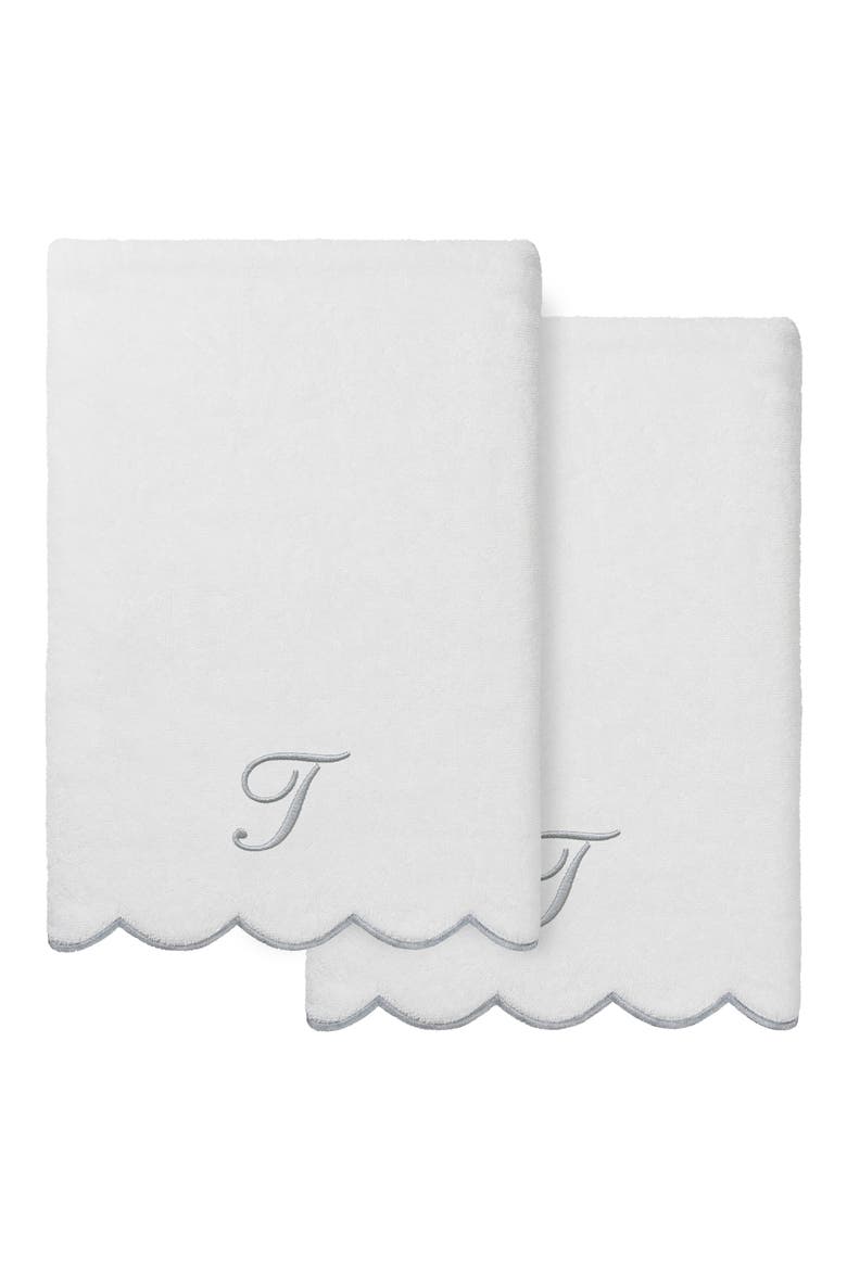 Adornia Scalloped 2-Piece Personalized Bath Towel Set, Main, color, WHITE/ GRAY T